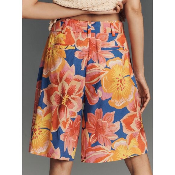 Farm Rio Anthropologie Linen Blend Belted Floral Bermuda Shorts Size XL - Picture 2 of 8